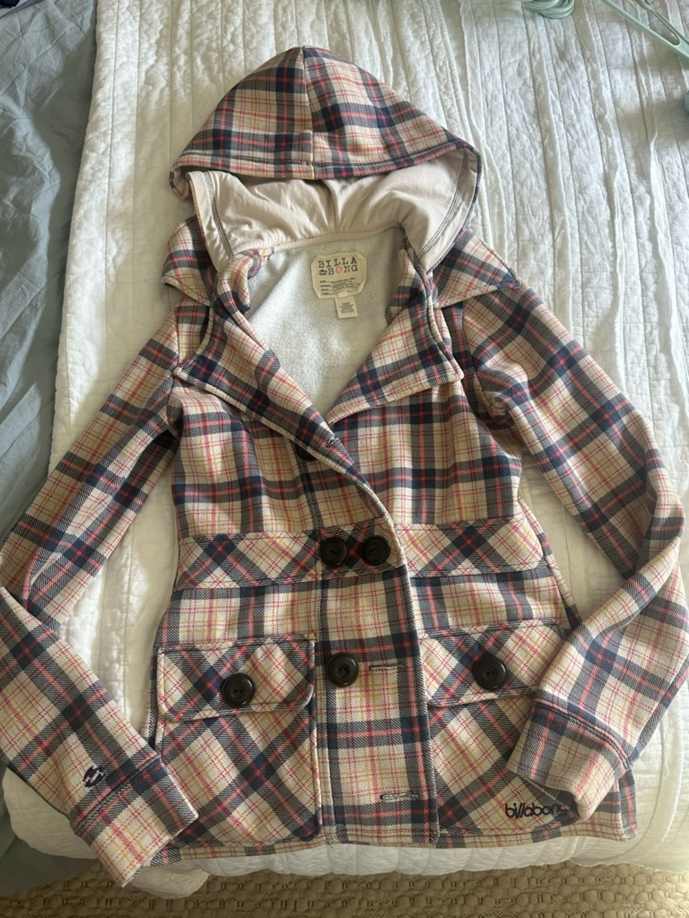 Billabong Hooded Plaid Sweater Peacoat style in Cream, Navy & Red - Picture 4 of 4
